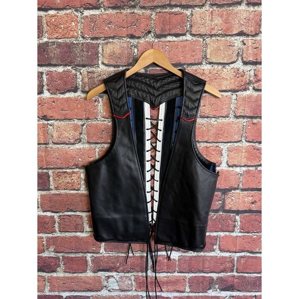 Off Ramp Leathers SF Adult Black Lace Vest Motorcycle Vest Size XL Blue Red